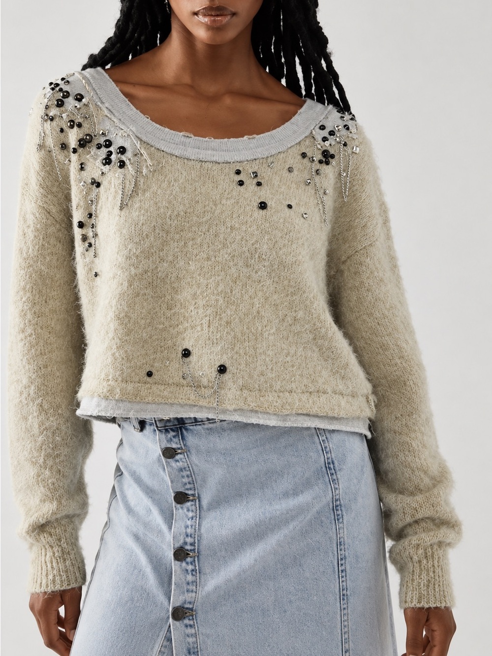 Free People Wool Blend Glam Embellished Fuzzy Crop Wide Neck Sweater